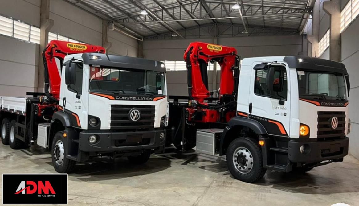 Frota ADM Rental — caminhões, guindastes e cestos aéreos para locação mensal em todo o Brasil